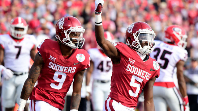 PASADENA, CA - JANUARY 01: Marquise Brown #5 of the Oklahoma Sooners and CeeDee Lamb #9 of the Oklahoma Sooners react in the 2018 College Football Playoff Semifinal at the Rose Bowl Game presented by Northwestern Mutual at the Rose Bowl on January 1, 2018 in Pasadena, California.