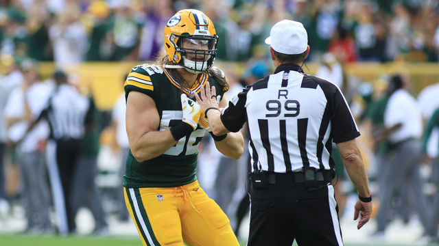 GREEN BAY, WI - SEPTEMBER 16: Green Bay Packers linebacker Clay Matthews (52) pleads his case with referee Tony Corrente (99) during a game between the Green Bay Packers and the Minnesota Vikings at Lambeau Field on September 16, 2018 in Green Bay, WI.