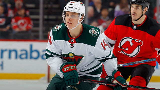 NEWARK, NJ - FEBRUARY 22: Joel Eriksson Ek #14 of the Minnesota Wild in action against the New Jersey Devils on February 22, 2018 at Prudential Center in Newark, New Jersey.