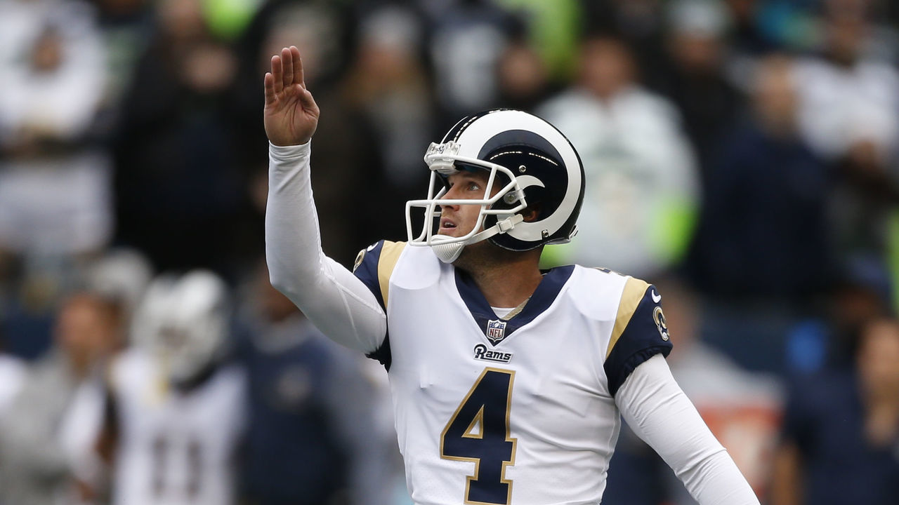 SEATTLE, WA - DECEMBER 17: Kicker Greg Zuerlein #4 of the Los Angeles Rams reacts after making his first field goal during the first quarter of the game against the Seattle Seahawks at CenturyLink Field on December 17, 2017 in Seattle, Washington.