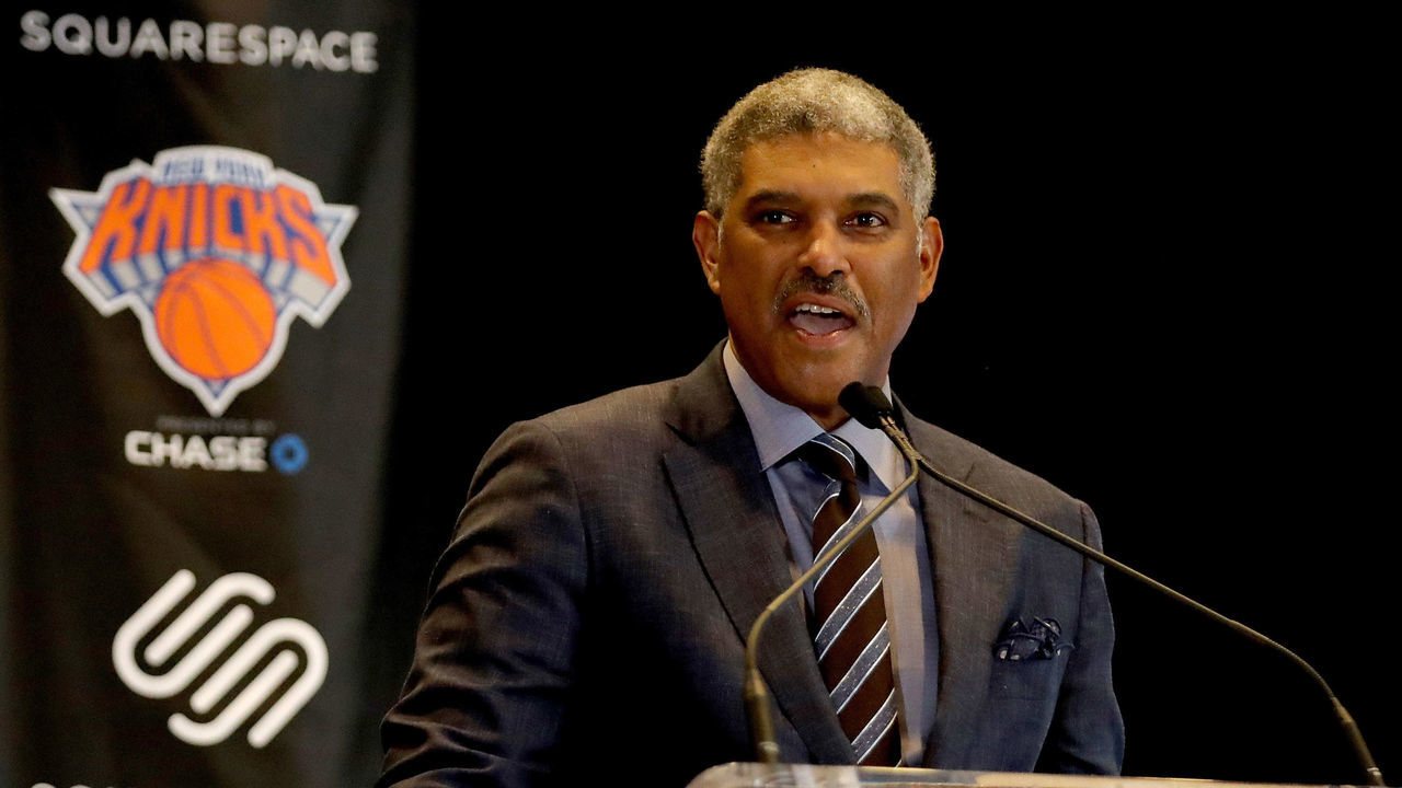 NEW YORK, NY - OCTOBER 10: New York Knicks President Steve Mills speaks at the unveiling of the Knicks' jersey sponsorship with Squarespace at Madison Square Garden on October 10, 2017 in New York City.