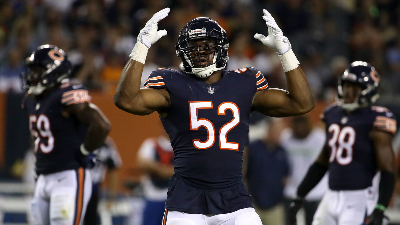 CHICAGO, IL - SEPTEMBER 17: Khalil Mack #52 of the Chicago Bears reacts in the third quarter against the Seattle Seahawks at Soldier Field on September 17, 2018 in Chicago, Illinois.