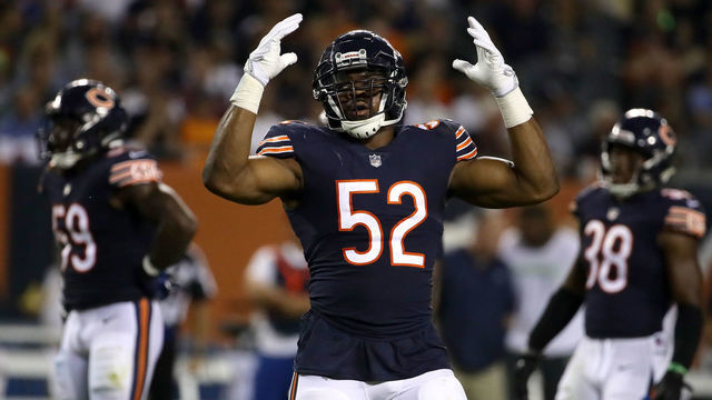 CHICAGO, IL - SEPTEMBER 17: Khalil Mack #52 of the Chicago Bears reacts in the third quarter against the Seattle Seahawks at Soldier Field on September 17, 2018 in Chicago, Illinois.