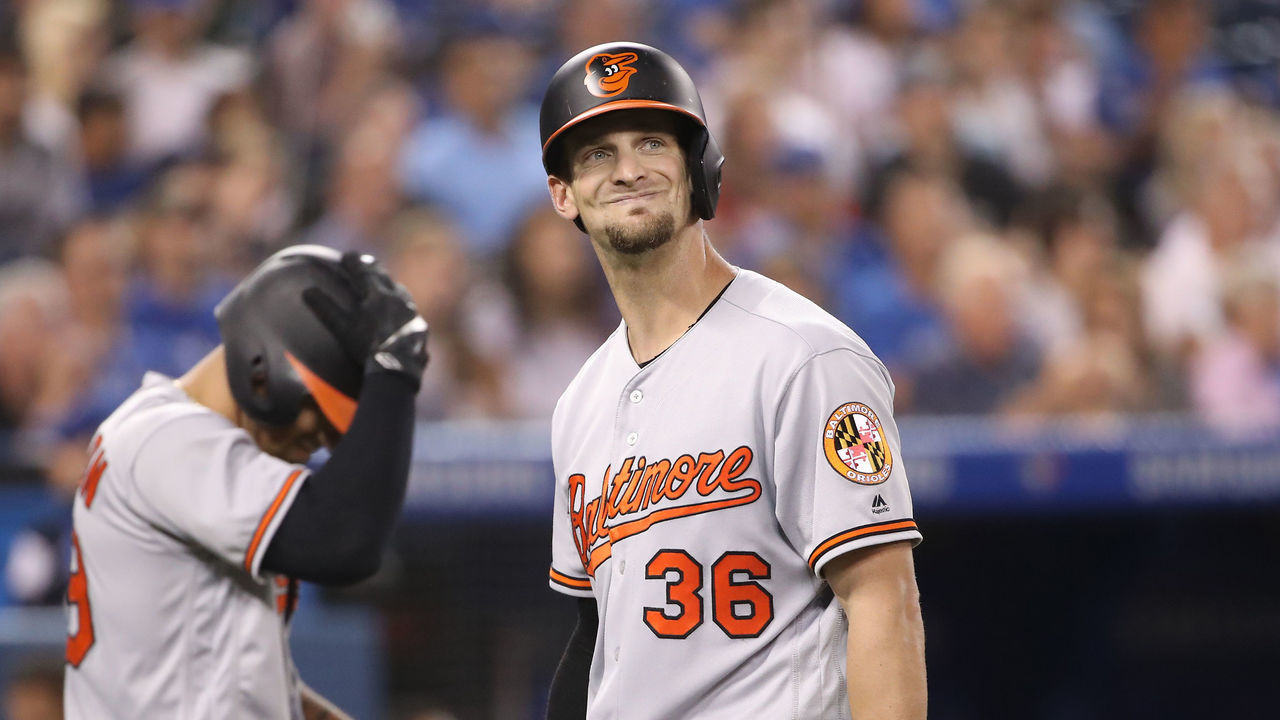 TORONTO, ON - JULY 22: Caleb Joseph #36 of the Baltimore Orioles reacts after striking out in the fifth inning during MLB game action against the Toronto Blue Jays at Rogers Centre on July 22, 2018 in Toronto, Canada.
