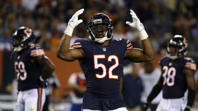 CHICAGO, IL - SEPTEMBER 17: Khalil Mack #52 of the Chicago Bears reacts in the third quarter against the Seattle Seahawks at Soldier Field on September 17, 2018 in Chicago, Illinois.