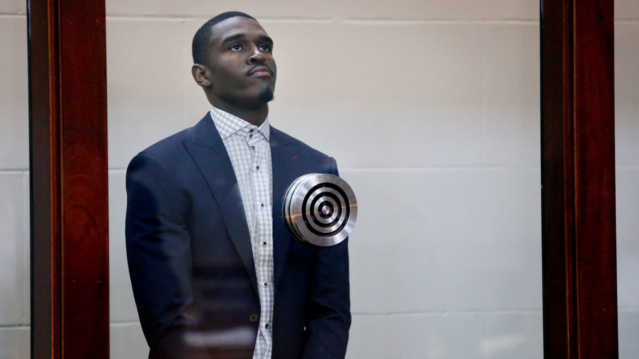 BOSTON, MA - SEPTEMBER 13: Boston Celtics guard Jabari Bird listens to proceedings during his arraignment on charges of assaulting and kidnapping his girlfriend at Brighton Municipal Court in the Brighton neighborhood of Boston on Sep. 13, 2018. The girlfriend of Boston Celtics guard Jabari Bird told Boston police he choked her roughly a dozen times during an argument last Friday and also kicked her and held her against her will before he began to suffer mental distress, prosecutors said Thursday. The allegations were disclosed as Bird, 24, was arraigned in Brighton Municipal Court. A not-guilty plea was entered on Birds behalf, and he was held on $50,000 cash bail.