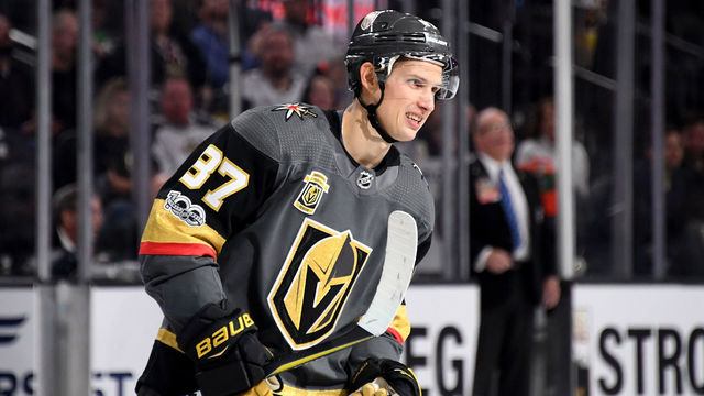 LAS VEGAS, NV - OCTOBER 15: Vadim Shipachyov #87 of the Vegas Golden Knights smiles after scoring a second-period goal against the Boston Bruins during their game at T-Mobile Arena on October 15, 2017 in Las Vegas, Nevada.