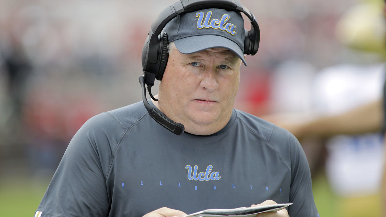 NORMAN, OK - SEPTEMBER 08: Head coach Chip Kelly of the UCLA Bruins during the game against the Oklahoma Sooners at Gaylord Family Oklahoma Memorial Stadium on September 8, 2018 in Norman, Oklahoma. The Sooners defeated the Bruins 49-21.