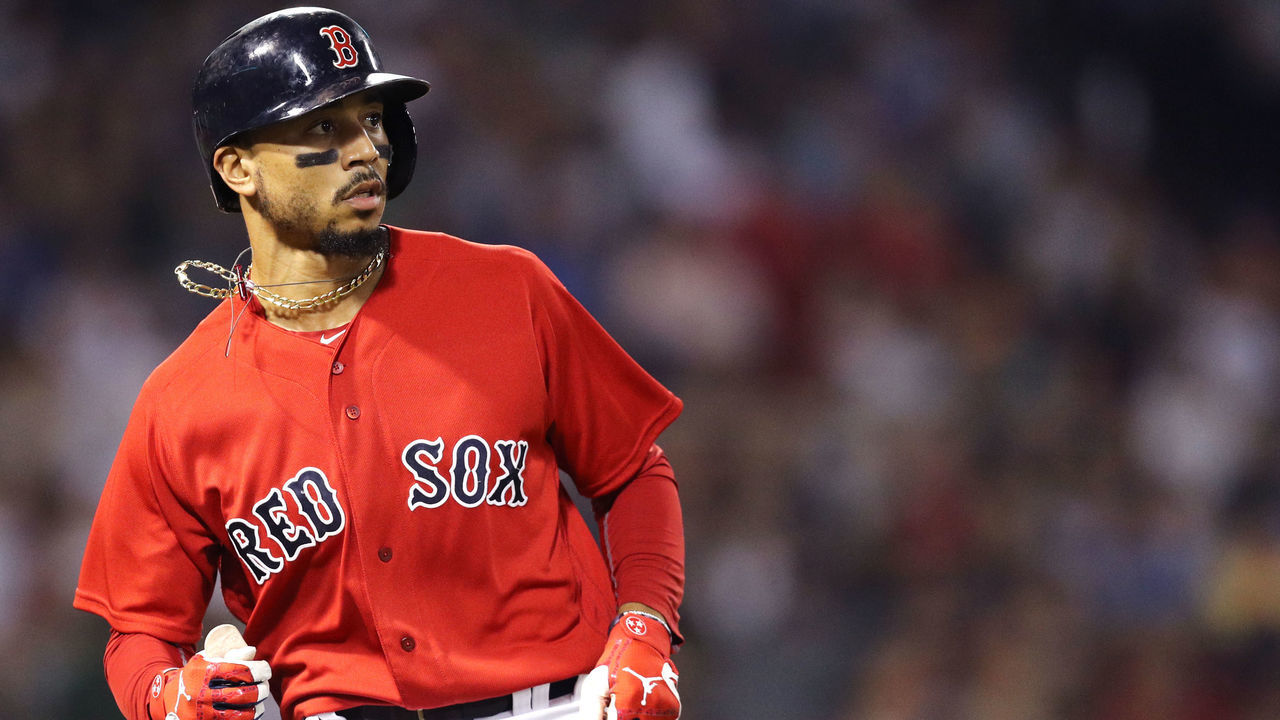 BOSTON, MA - SEPTEMBER 14: Mookie Betts #50 of the Boston Red Sox looks on during the third inning against the New York Mets at Fenway Park on September 14, 2018 in Boston, Massachusetts.