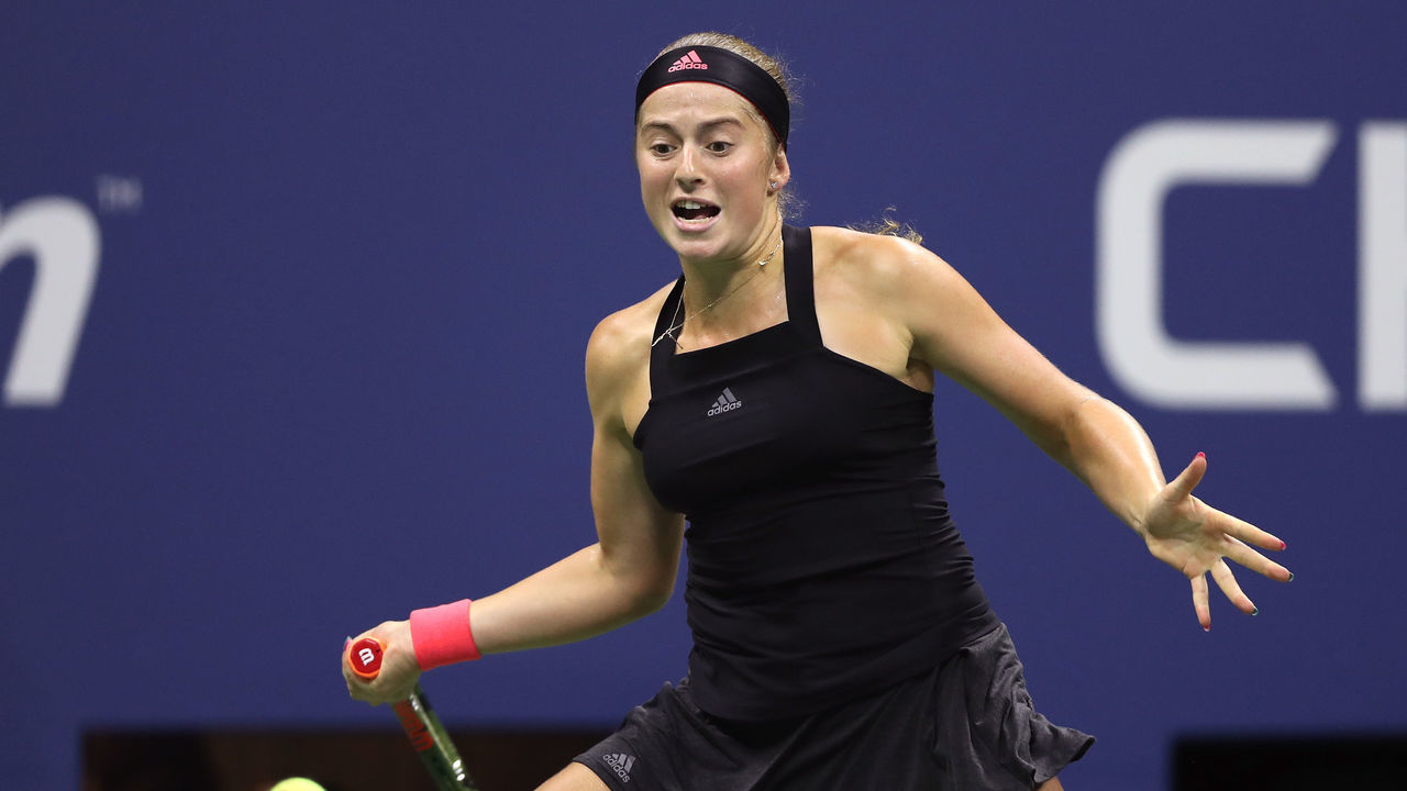 NEW YORK, NY - SEPTEMBER 01: Jelena Ostapenko of Latvia returns the ball during her women's singles third round match against Maria Sharapova of Russia on Day Six of the 2018 US Open at the USTA Billie Jean King National Tennis Center on September 1, 2018 in the Flushing neighborhood of the Queens borough of New York City.