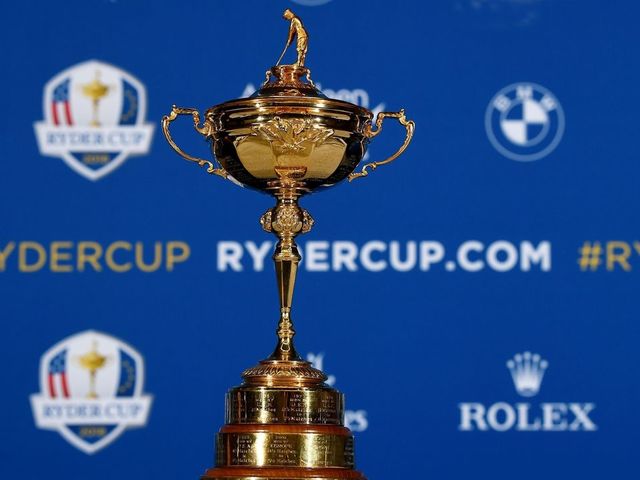 The Ryder Cup's trophy is presented during a press conference on october 17, 2017 in Paris. / AFP PHOTO / FRANCK FIFE