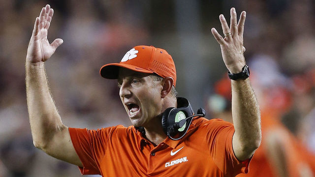 COLLEGE STATION, TX - SEPTEMBER 08: Head coach Dabo Swinney of the Clemson Tigers shows his displeasure with the officials call in the fourth quarter against the Texas A&M Aggies at Kyle Field on September 8, 2018 in College Station, Texas.