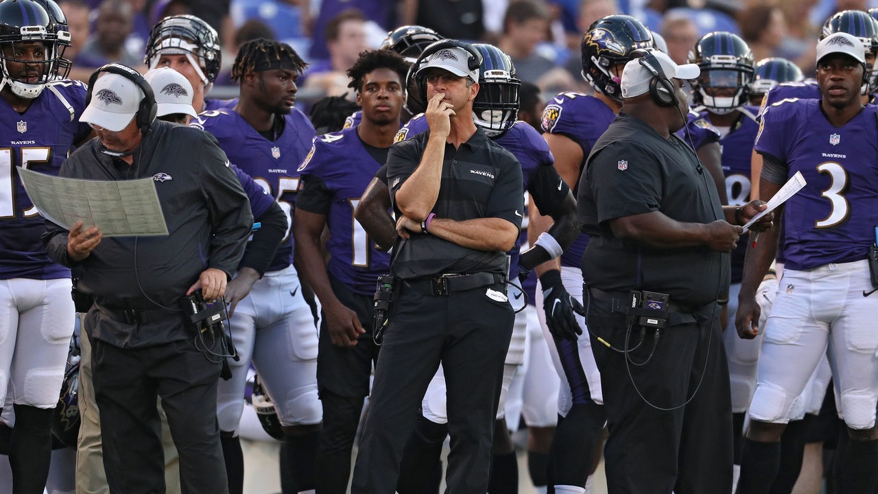 BALTIMORE, MD - AUGUST 09: Head coach John Harbaugh of the Baltimore Ravens looks on against the Los Angeles Rams in the first half during a preseason game at M&T Bank Stadium on August 9, 2018 in Baltimore, Maryland.