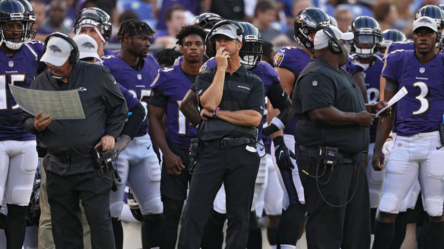 BALTIMORE, MD - AUGUST 09: Head coach John Harbaugh of the Baltimore Ravens looks on against the Los Angeles Rams in the first half during a preseason game at M&T Bank Stadium on August 9, 2018 in Baltimore, Maryland.