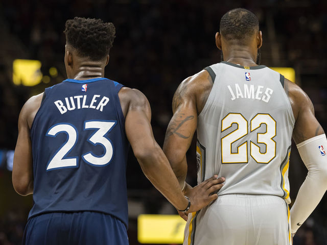 CLEVELAND, OH - FEBRUARY 7: Jimmy Butler #23 of the Minnesota Timberwolves and LeBron James #23 of the Cleveland Cavaliers wait for a play during overtime at Quicken Loans Arena on February 7, 2018 in Cleveland, Ohio. The Cavaliers defeated the Timberwolves 140-138 in overtime.