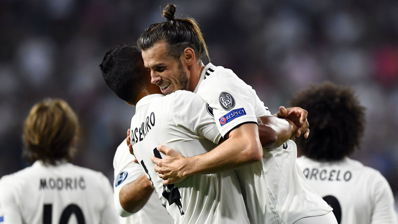 Real Madrid's Welsh forward Gareth Bale celebrates scoring his team's second goal during the UEFA Champions League group G football match between Real Madrid CF and AS Roma at the Santiago Bernabeu stadium in Madrid on September 19, 2018.