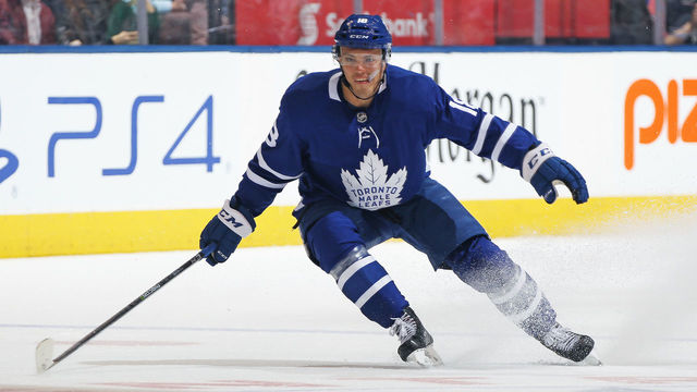 TORONTO, ON - MARCH 17: Andreas Johnsson #18 of the Toronto Maple Leafs skates against the Montreal Canadiens during an NHL game at the Air Canada Centre on March 17, 2018 in Toronto, Ontario, Canada. The Maple Leafs defeated the Canadiens 4-0.