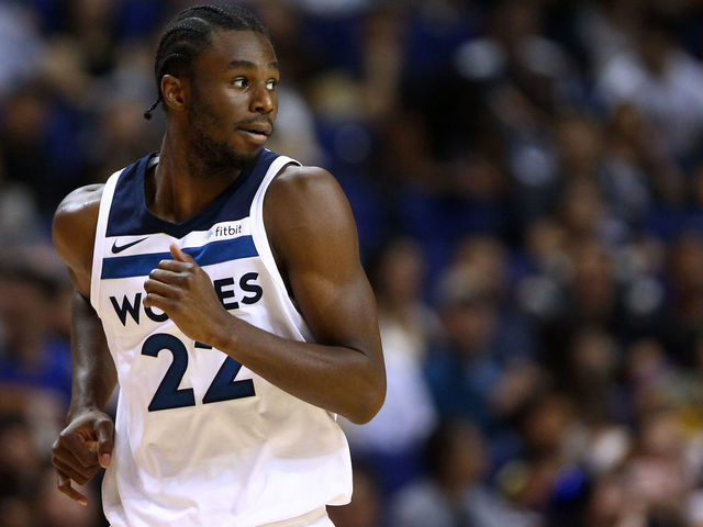 SHANGHAI, CHINA - OCTOBER 08: Andrew Wiggins #22 of the Minnesota Timberwolves in action during the game between the Minnesota Timberwolves and the Golden State Warriors as part of 2017 NBA Global Games China at Mercedes-Benz Arena on October 8, 2017 in Shanghai, China.