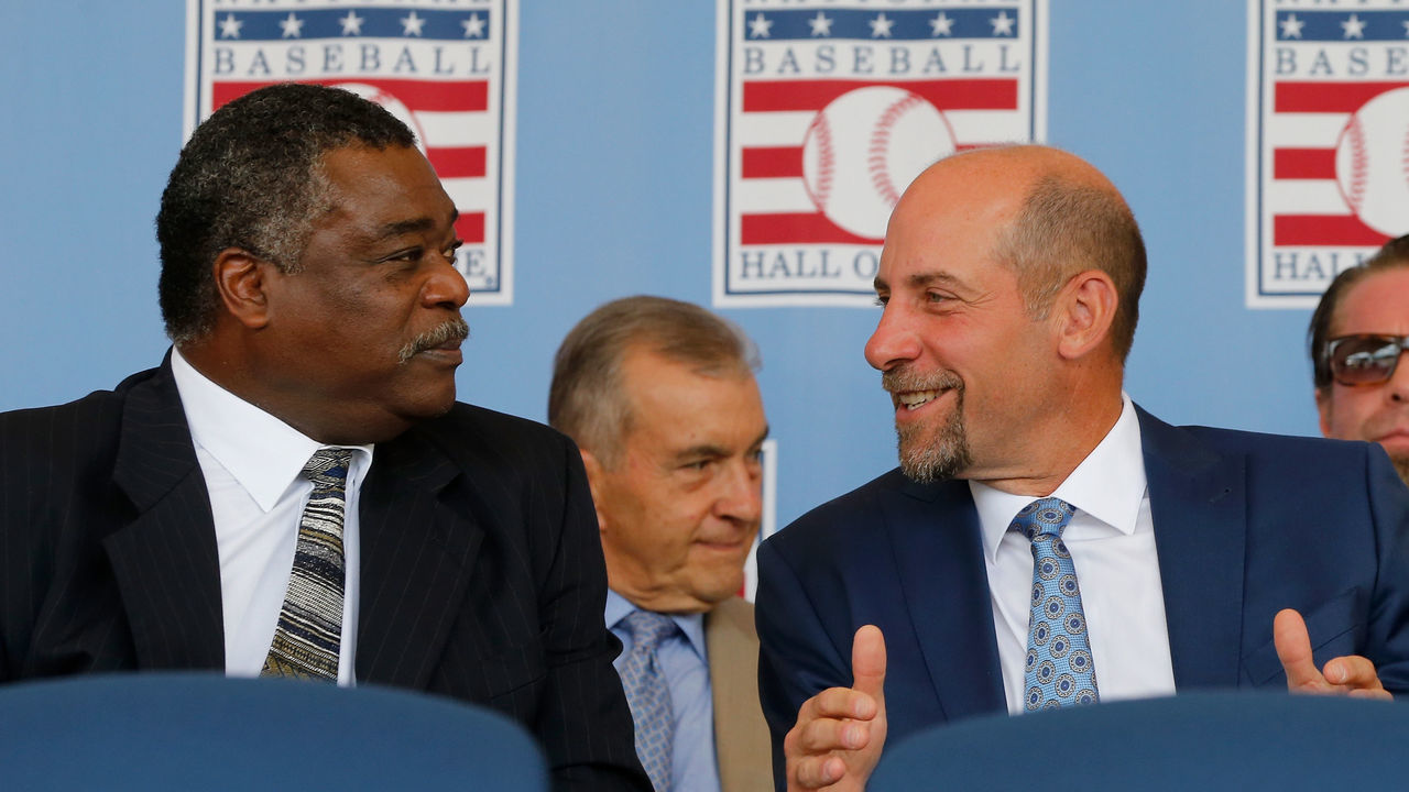 COOPERSTOWN, NY - JULY 29: Hall of Famers Eddie Murray (L) and John Smoltz talk at Clark Sports Center during the Baseball Hall of Fame induction ceremony on July 29, 2018 in Cooperstown, New York.