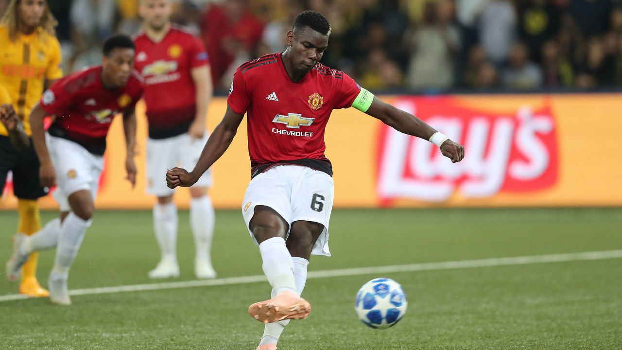 BERN, SWITZERLAND - SEPTEMBER 19: Paul Pogba of Manchester United scores the second goal for Manchester during the Group H match of the UEFA Champions League between BSC Young Boys and Manchester United at Stade de Suisse, Wankdorf on September 19, 2018 in Bern, Switzerland.