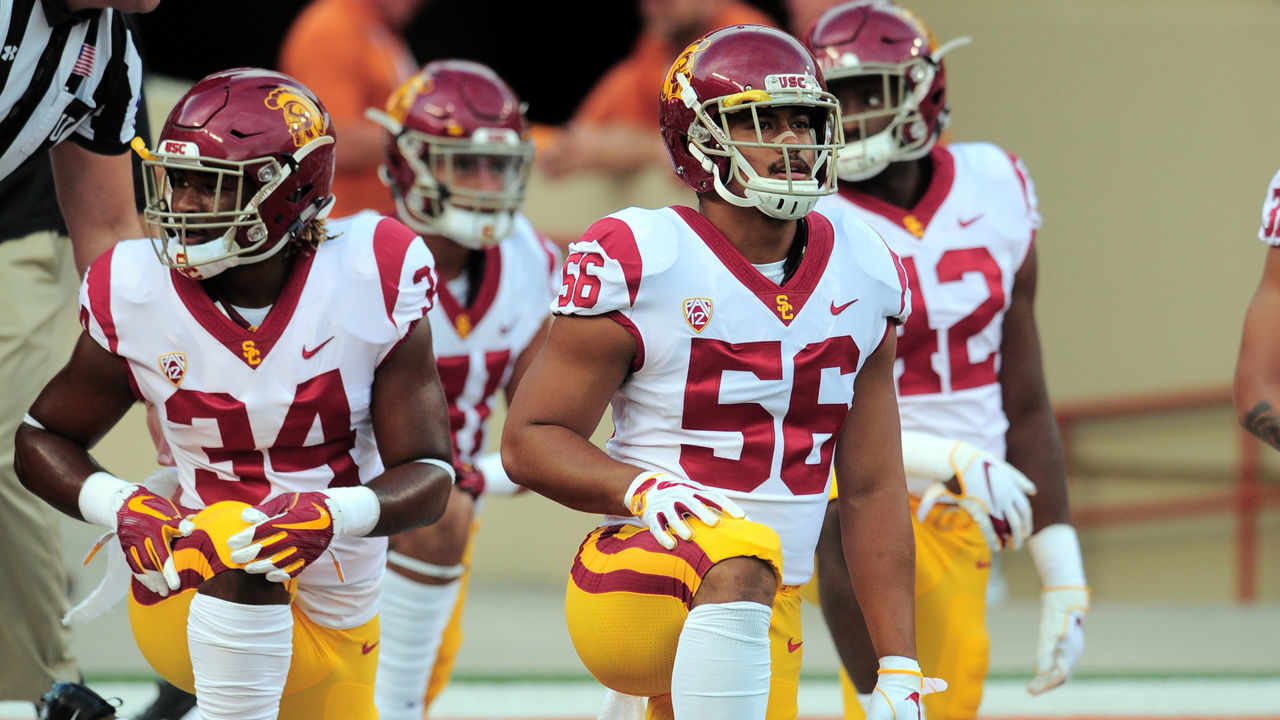 AUSTIN, TX - SEPTEMBER 15: USC Trojans LB's Eli'jah Winston (34) and Jordan Iosefa (56) warm up prior to 37 -14 loss to the Texas Longhorns on September 15, 2018, at Darrell K Royal-Texas Memorial Stadium in Austin, Texas.