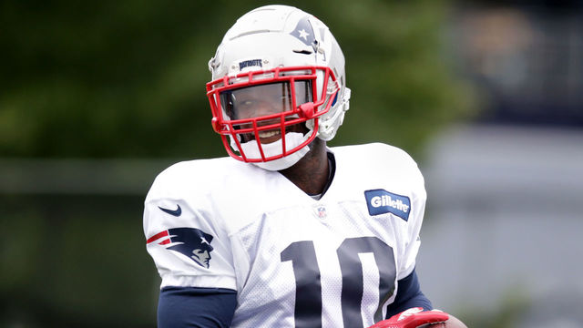 FOXBOROUGH, MA - SEPTEMBER 19: New England Patriots' Josh Gordon (10) participates in a drill during New England Patriots practice at the Gillette Stadium practice facility in Foxborough, MA on Sep. 19, 2018.