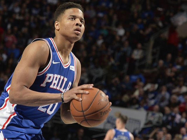 PHILADELPHIA, PA - MARCH 28: Markelle Fultz #20 of the Philadelphia 76ers shoots a free throw against the New York Knicks on March 28, 2018 at the Wells Fargo Center in Philadelphia, Pennsylvania. NOTE TO USER: User expressly acknowledges and agrees that, by downloading and/or using this photograph, user is consenting to the terms and conditions of the Getty Images License Agreement. Mandatory Copyright Notice: Copyright 2018 NBAE