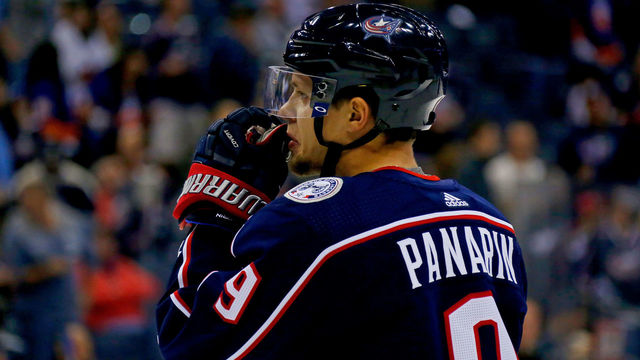 COLUMBUS, OH - OCTOBER 6: Artemi Panarin #9 of the Columbus Blue Jackets warms up prior to the start of the game against the New York Islanders on October 6, 2017 at Nationwide Arena in Columbus, Ohio.