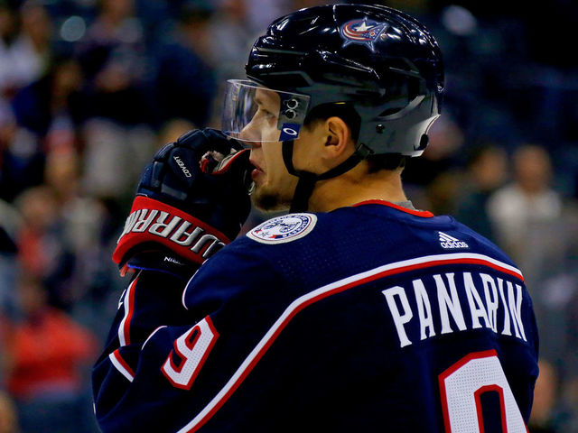 COLUMBUS, OH - OCTOBER 6: Artemi Panarin #9 of the Columbus Blue Jackets warms up prior to the start of the game against the New York Islanders on October 6, 2017 at Nationwide Arena in Columbus, Ohio.