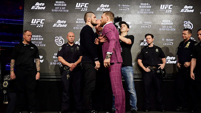 NEW YORK, NY - SEPTEMBER 20: Lightweight champion Khabib Nurmagomedov faces-off with Conor McGregor during the UFC 229 Press Conference at Radio City Music Hall on September 20, 2018 in New York City.