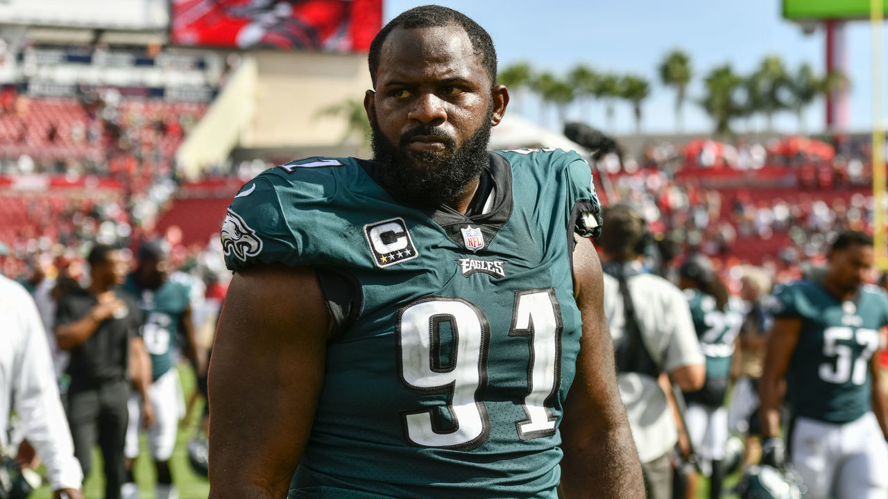 TAMPA, FL - SEPTEMBER 16: Philadelphia Eagles defensive tackle Fletcher Cox (91) after an NFL game between the Philadelphia Eagles and the Tampa Bay Buccaneers on September 16, 2018, at Raymond James Stadium in Tampa, FL. The Bucs defeated the Eagles 27-21.