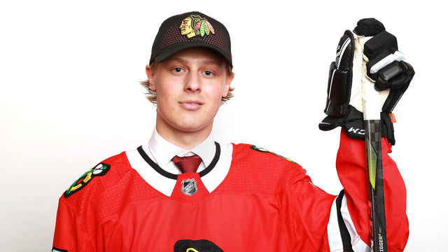 DALLAS, TX - JUNE 22: Adam Boqvist poses after being selected eighth overall by the Chicago Blackhawks during the first round of the 2018 NHL Draft at American Airlines Center on June 22, 2018 in Dallas, Texas.