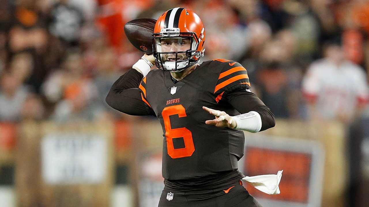 CLEVELAND, OH - SEPTEMBER 20: Baker Mayfield #6 of the Cleveland Browns throws a pass during the third quarter against the New York Jets at FirstEnergy Stadium on September 20, 2018 in Cleveland, Ohio.