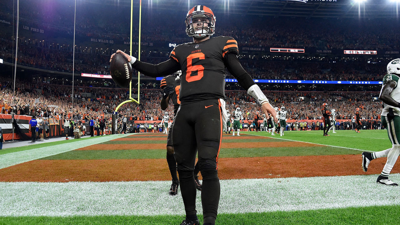CLEVELAND, OH - SEPTEMBER 20: Baker Mayfield #6 of the Cleveland Browns celebrates after making a catch on a two-point conversion attempt during the third quarter against the New York Jets at FirstEnergy Stadium on September 20, 2018 in Cleveland, Ohio.