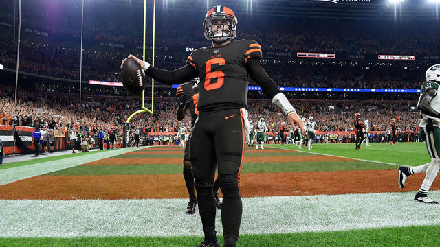 CLEVELAND, OH - SEPTEMBER 20: Baker Mayfield #6 of the Cleveland Browns celebrates after making a catch on a two-point conversion attempt during the third quarter against the New York Jets at FirstEnergy Stadium on September 20, 2018 in Cleveland, Ohio.