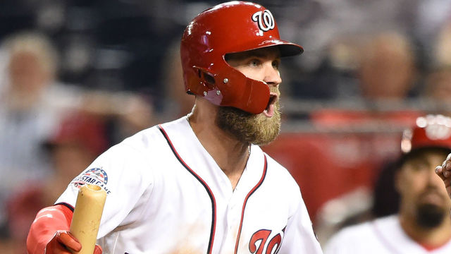 WASHINGTON, DC - SEPTEMBER 20: Bryce Harper #34 of the Washington Nationals reacts to a called strike and is thrown out in the 12th inning during a baseball game against the New York Mets at Nationals Park on September 20, 2018 in Washington, DC.