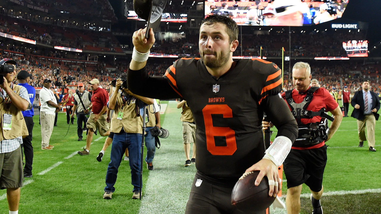 CLEVELAND, OH - SEPTEMBER 20: Baker Mayfield #6 of the Cleveland Browns runs off the field after a 21-17 win over the New York Jets at FirstEnergy Stadium on September 20, 2018 in Cleveland, Ohio.