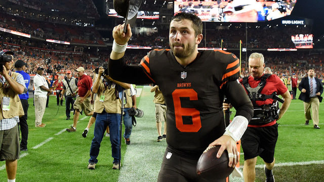 CLEVELAND, OH - SEPTEMBER 20: Baker Mayfield #6 of the Cleveland Browns runs off the field after a 21-17 win over the New York Jets at FirstEnergy Stadium on September 20, 2018 in Cleveland, Ohio.