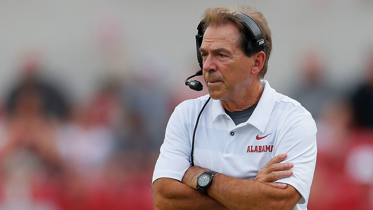 TUSCALOOSA, AL - SEPTEMBER 08: Head coach Nick Saban of the Alabama Crimson Tide looks on during the game against the Arkansas State Red Wolves at Bryant-Denny Stadium on September 8, 2018 in Tuscaloosa, Alabama.