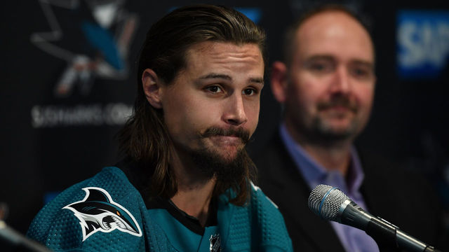 SAN JOSE, CA - SEPTEMBER 19: Erik Karlsson #65 of the San Jose Sharks speaks to the media during a press conference at the Hilton on September 19, 2018 in San Jose, California