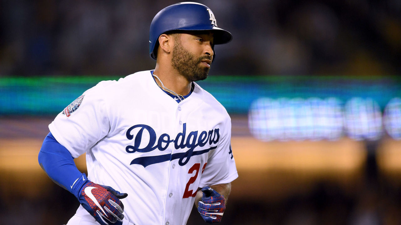 LOS ANGELES, CA - SEPTEMBER 19: Matt Kemp #27 of the Los Angeles Dodgers trots to first base after his solo hoomerun, to trail 2-1, during the second inning at Dodger Stadium on September 19, 2018 in Los Angeles, California.