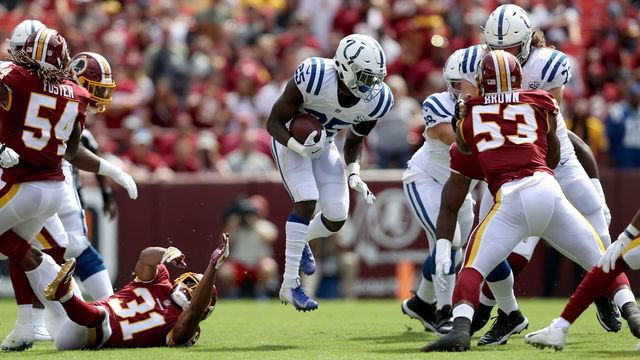 LANDOVER, MD - SEPTEMBER 16: Marlon Mack #25 of the Indianapolis Colts runs with the ball against the Washington Redskins in the first half at FedExField on September 16, 2018 in Landover, Maryland.