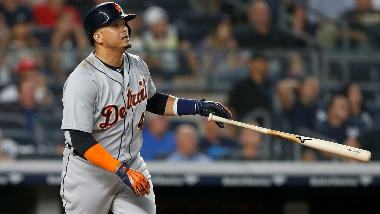 NEW YORK, NY - AUGUST 30: Victor Martinez #41 of the Detroit Tigers watches the flight of his fifth inning two run home run against the New York Yankees at Yankee Stadium on August 30, 2018 in the Bronx borough of New York City.
