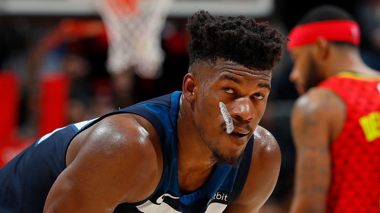 ATLANTA, GA - JANUARY 29: Jimmy Butler #23 of the Minnesota Timberwolves reacts in the final seconds of their 105-100 loss to the Atlanta Hawks at Philips Arena on January 29, 2018 in Atlanta, Georgia.