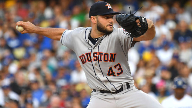 LOS ANGELES, CA - AUGUST 04: Lance McCullers Jr. #43 of the Houston Astros pitches in the third inning of the game against the Los Angeles Dodgers at Dodger Stadium on August 4, 2018 in Los Angeles, California.