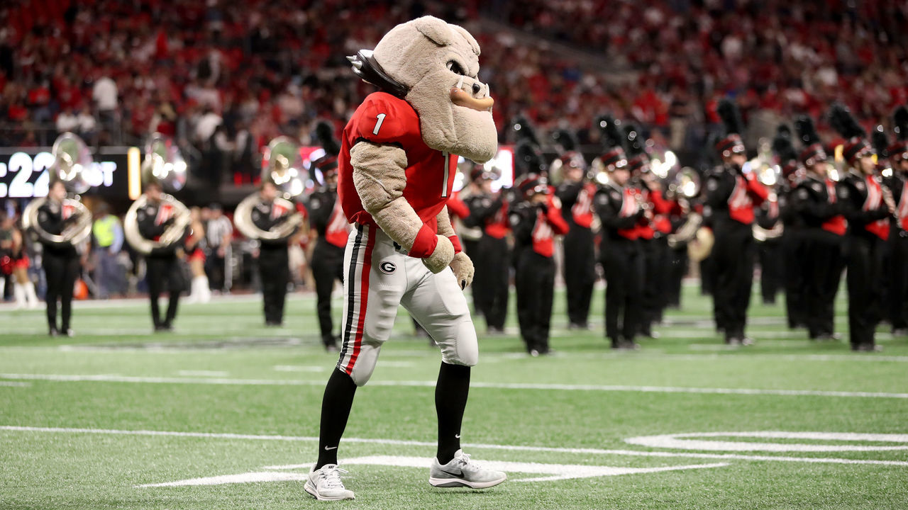 ATLANTA, GA - JANUARY 08: Hairy Dawg, the Georgia Bulldogs mascot, on the field prior to the game against the Alabama Crimson Tide in the CFP National Championship presented by AT&T at Mercedes-Benz Stadium on January 8, 2018 in Atlanta, Georgia.