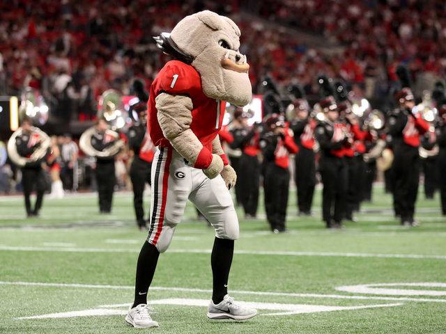 ATLANTA, GA - JANUARY 08: Hairy Dawg, the Georgia Bulldogs mascot, on the field prior to the game against the Alabama Crimson Tide in the CFP National Championship presented by AT&T at Mercedes-Benz Stadium on January 8, 2018 in Atlanta, Georgia.