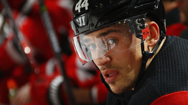 NEWARK, NJ - DECEMBER 18: Miles Wood #44 of the New Jersey Devils prepares to skate against the Anaheim Ducks at the Prudential Center on December 18, 2017 in Newark, New Jersey. The Devils defeated the Ducks 5-3.