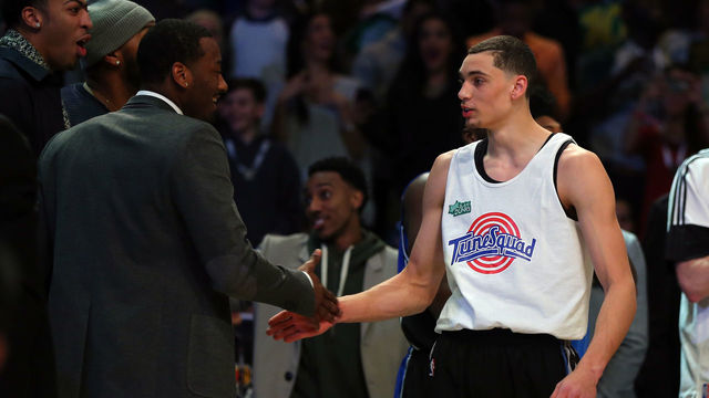 NEW YORK, NY - FEBRUARY 14: Zach LaVine #8 of the Minnesota Timberwolves reacts with Anthony Davis #23 of the New Orleans Pelicans and of the Western Conference and John Wall #2 of the Washington Wizards and the Eastern Conference during the Sprite Slam Dunk Contest as part of the 2015 NBA Allstar Weekend at Barclays Center on February 14, 2015 in the Brooklyn borough of New York City.