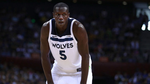 SHENZHEN, CHINA - OCTOBER 05: Gorgui Dieng #5 of the Minnesota Timberwolves looks on during the game between the Minnesota Timberwolves and the Golden State Warriors as part of 2017 NBA Global Games China at Universidade Center on October 5, 2017 in Shenzhen, China.